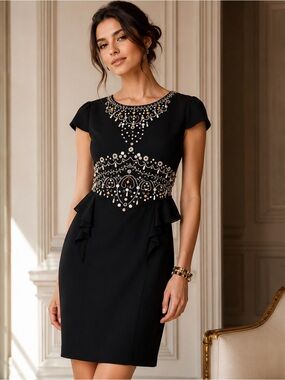 Anthropologie Vineet Bahl Cameo Beaded Peplum Dress Black Embellished Cocktail